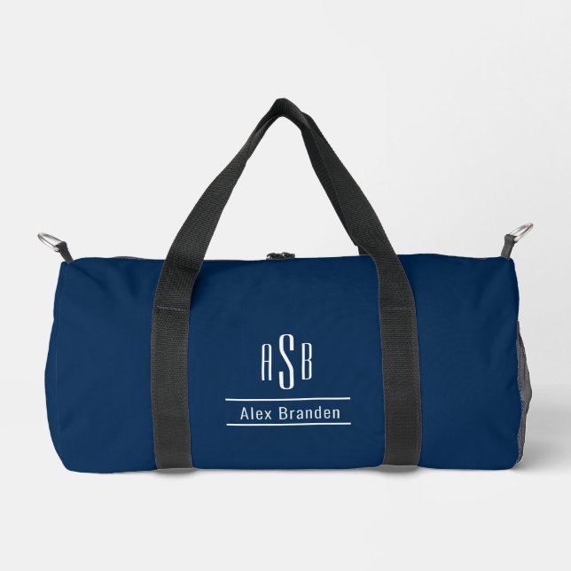 Elegant Simple Three Letter Navy Blue Monogram Duffle Bag (Front)