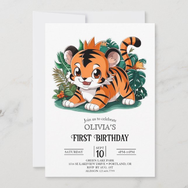 Elegant Simple Tiger 1st Birthday Digital Invitation (Front)