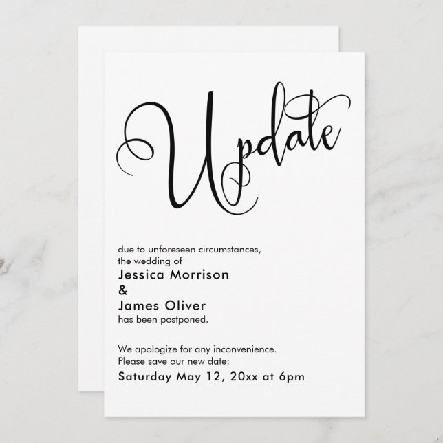 Elegant Simple Update Postponed Wedding Card (Front/Back)