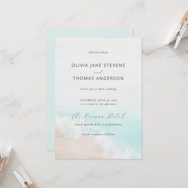 Elegant Simple Watercolor Beach All in One Wedding Invitation (Front/Back In Situ)