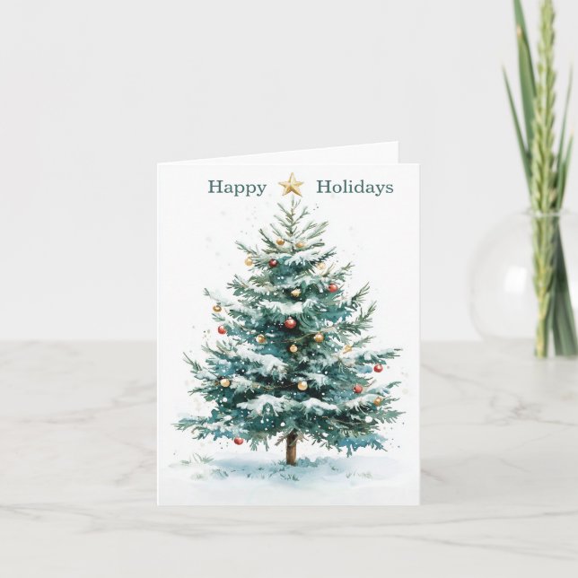 Elegant Simple Watercolor Christmas Tree Custom Holiday Card (Front)