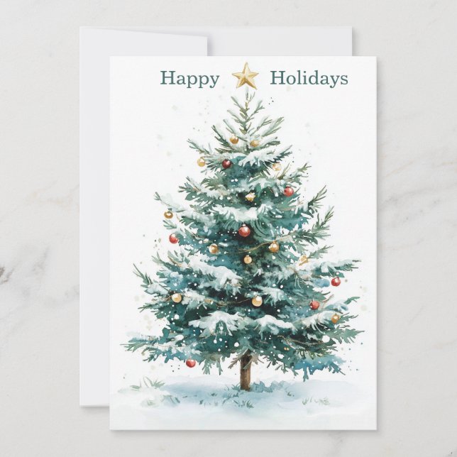 Elegant Simple Watercolor Christmas Tree Custom Holiday Card (Front)