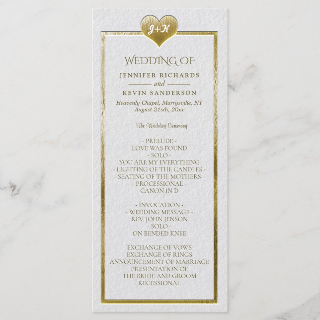 Elegant Simple Wedding Program with Gold Heart (Front)