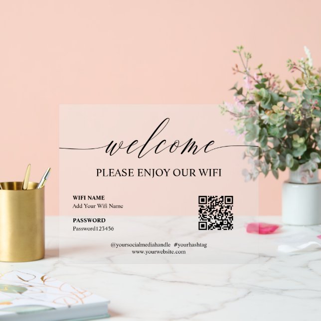Elegant Simple Welcome Enjoy WiFi QR Code Acrylic Sign (Wedding)