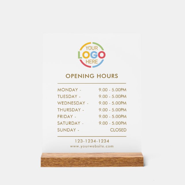 Elegant Simple White | Business Logo Opening Hours Acrylic Sign (Front)