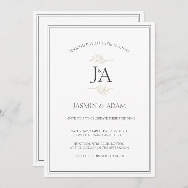 Elegant Simple White Classic Initials Wedding  Invitation (Front/Back)