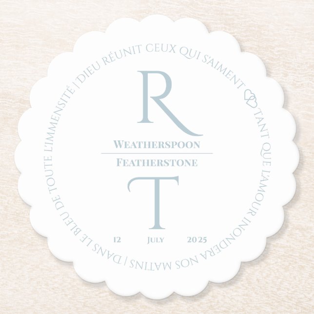 Elegant Simple White Grey Monogram Wedding Paper Coaster (Front)