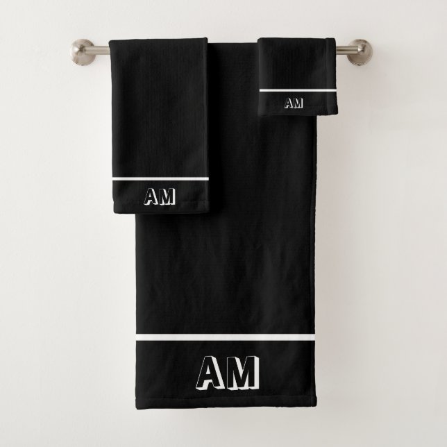 Elegant Simple White Monogram on Black Bath Towel Set (Insitu)