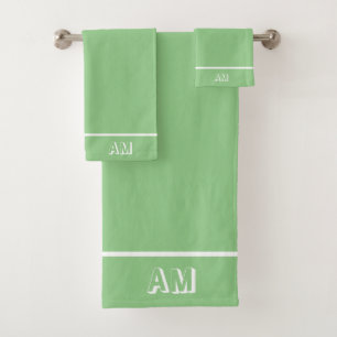 Elegant Simple White Monogram on Green Bath Towel Set