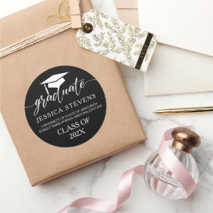 Elegant simple white script Calligraphy On Black Classic Round Sticker