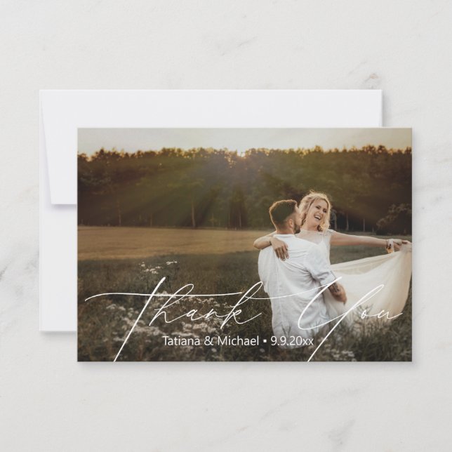 elegant simple white script wedding photo thank you card (Front)