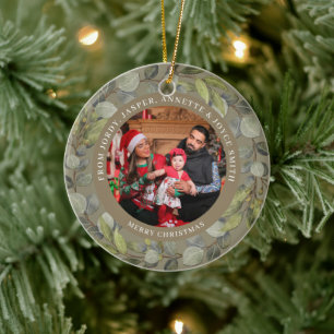 Elegant Simple Wreath 2 Photo Family Christmas Ceramic Ornament