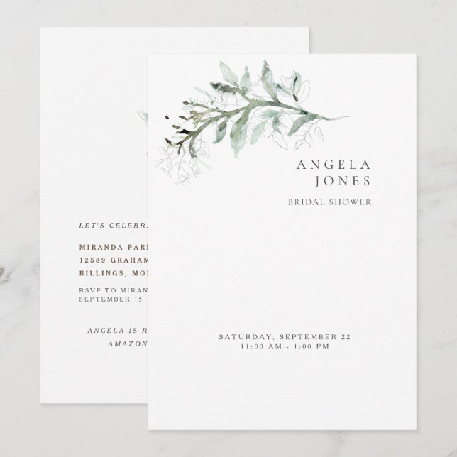 Elegant Simplicity Foliage White Bridal Shower Invitation (Front/Back)