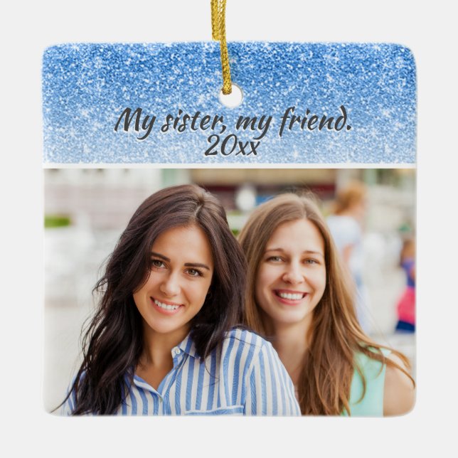 Elegant Sister Blue Glitter 2 sided 2 photo Ceramic Ornament (Front)