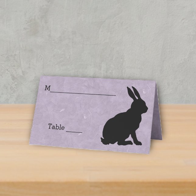 Elegant Sitting Rabbit in Black Silhouette Purple Place Card (sitting black silhouette rabbit on marbled light purple table standing place card.)