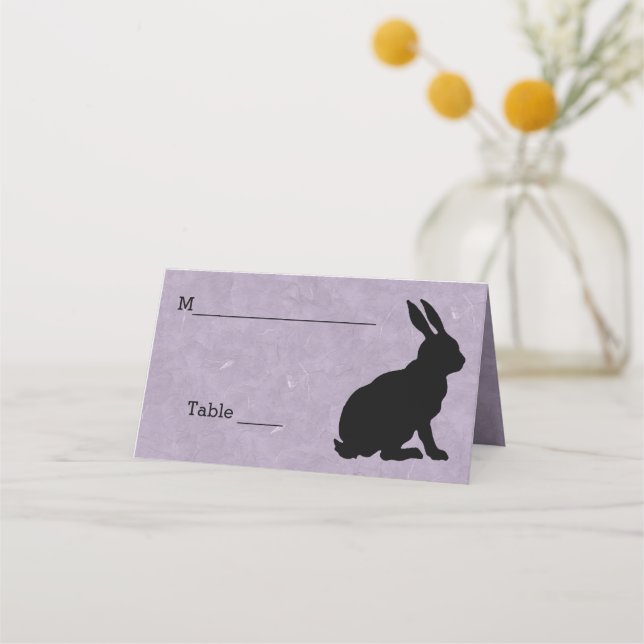 Elegant Sitting Rabbit in Black Silhouette Purple Place Card (Front)
