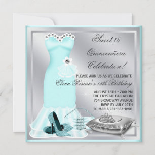 Elegant Sivler and Teal Blue Quinceanera Invitation