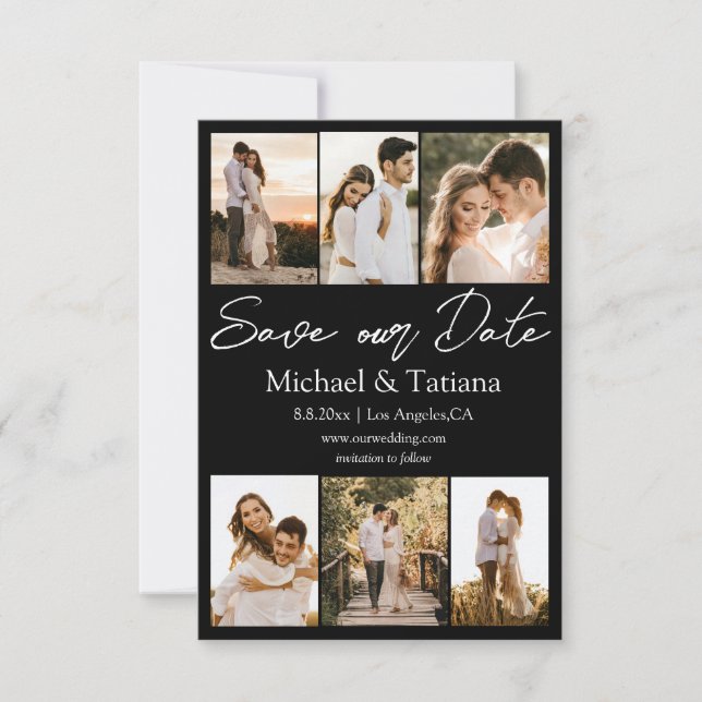 elegant six photos collage white script minimal save the date (Front)