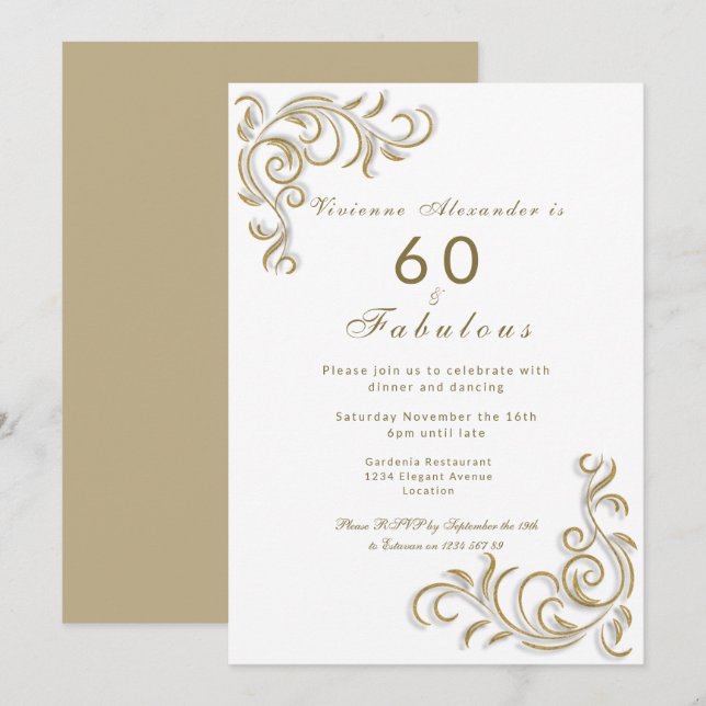 Elegant sixty and fabulous birthday gold scroll invitation (Front/Back)