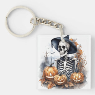 Elegant Skeleton Halloween Watercolor Keychain