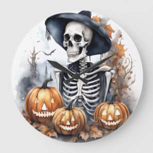 Elegant Skeleton Halloween Watercolor  Large Clock