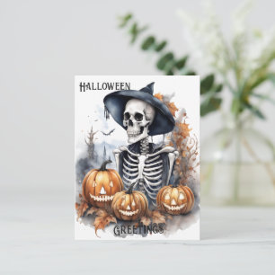 Elegant Skeleton Halloween Watercolor Postcard