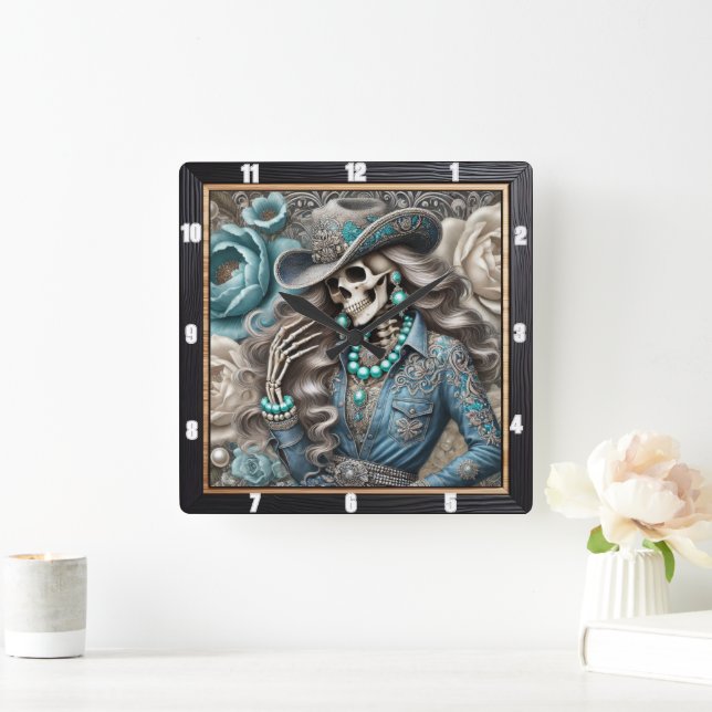 Elegant Skeleton Portrait Floral Background Square Wall Clock (Home)