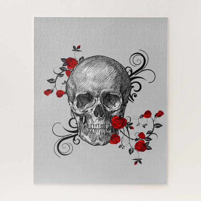 Elegant Sketch of Black Skull, Red Roses & Swirls Jigsaw Puzzle (Vertical)