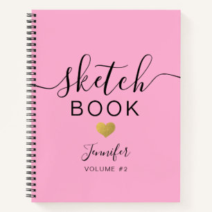 Elegant Sketchbook Heart Name Script Pink Notebook