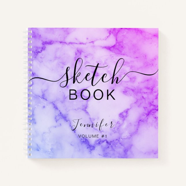 Elegant Sketchbook Your Name Script Marble Notebook (Front)