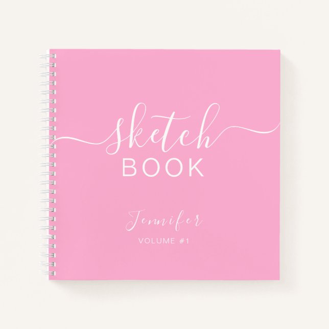 Elegant Sketchbook Your Name Script Pink Notebook (Front)