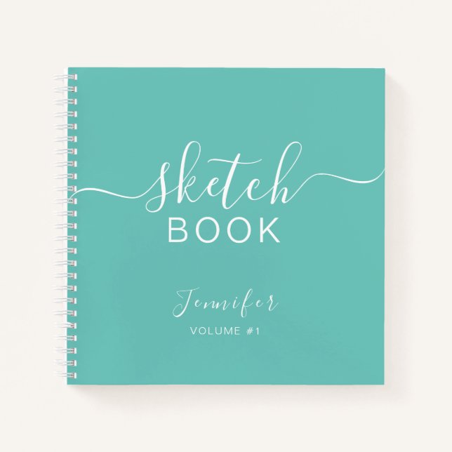 Elegant Sketchbook Your Name Script Teal Blue Notebook (Front)