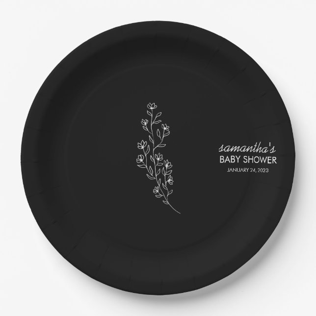 Elegant Sketchy Handdrawn Black Flower Paper Plate (Front)
