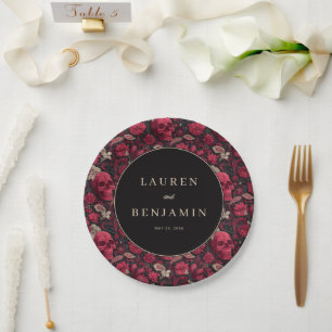 Elegant Skull and Floral Wedding Invitation Paper Plate