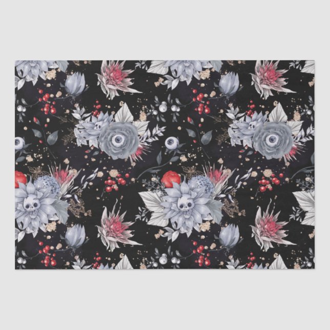 Elegant Skull Roses Coffin Silver Black  Tissue Paper (Front)