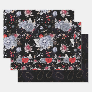 Elegant Skull Roses Coffin Silver Black Wrapping Paper Sheet