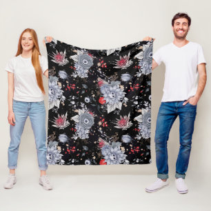 Elegant Skull Roses Silver Black  Fleece Blanket