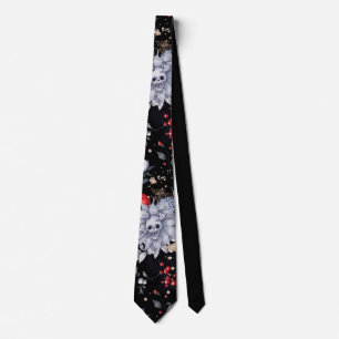Elegant Skull Roses Silver Black  Tie