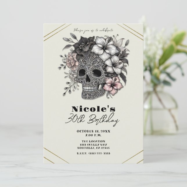 Elegant Skull With Exotic Flowers Birthday Party  Invitation (Standing Front)