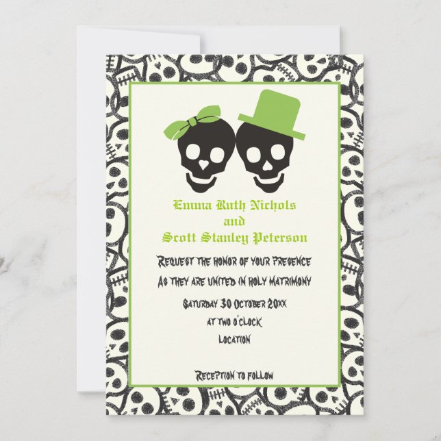 Elegant skulls Halloween green wedding invitation (Front)