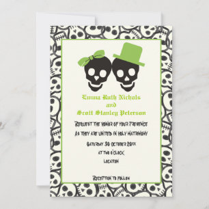 Elegant skulls Halloween green wedding invitation