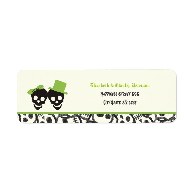 Elegant skulls Halloween green wedding label (Front)