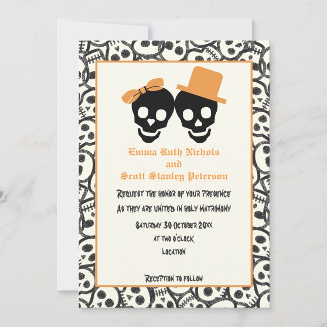 Elegant skulls Halloween orange wedding invitation (Front)