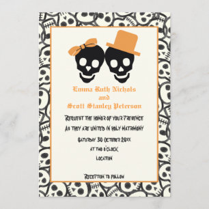 Elegant skulls Halloween orange wedding invitation