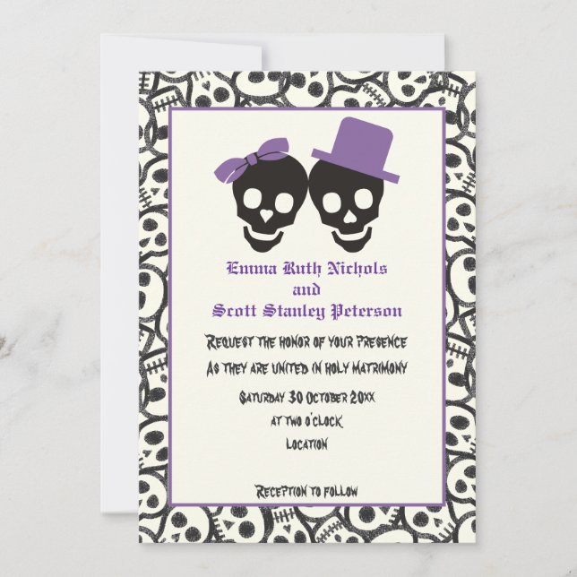Elegant skulls Halloween purple wedding invitation (Front)