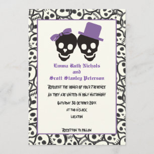 Elegant skulls Halloween purple wedding invitation