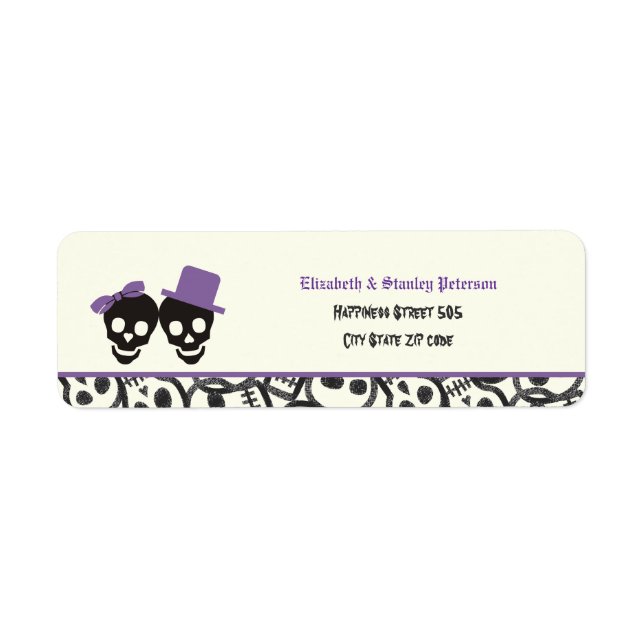 Elegant skulls Halloween purple wedding label (Front)