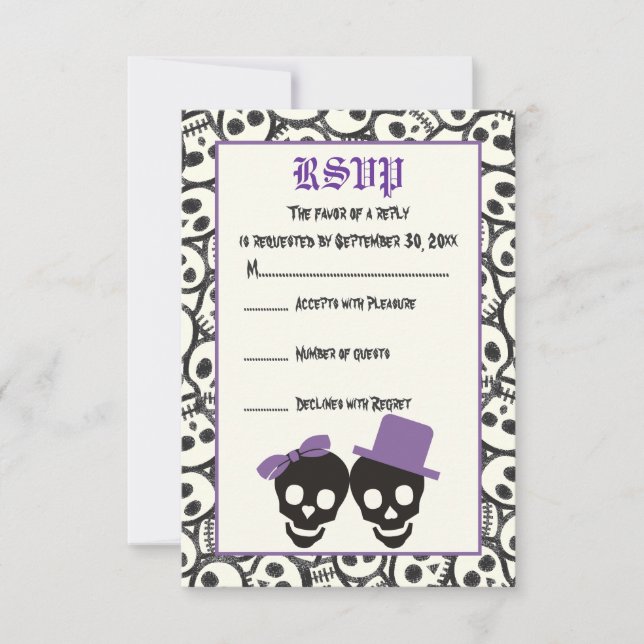 Elegant skulls Halloween purple wedding RSVP card (Front)