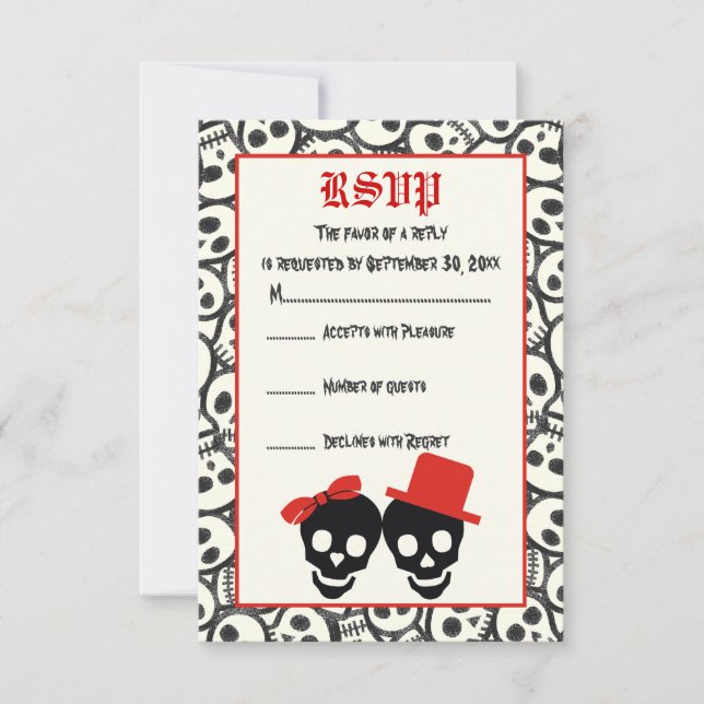 Elegant skulls Halloween red black wedding RSVP Card (Front)