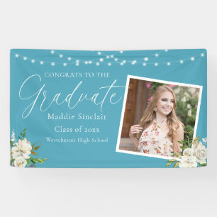 Elegant Sky Blue Photo Floral Graduation Banner